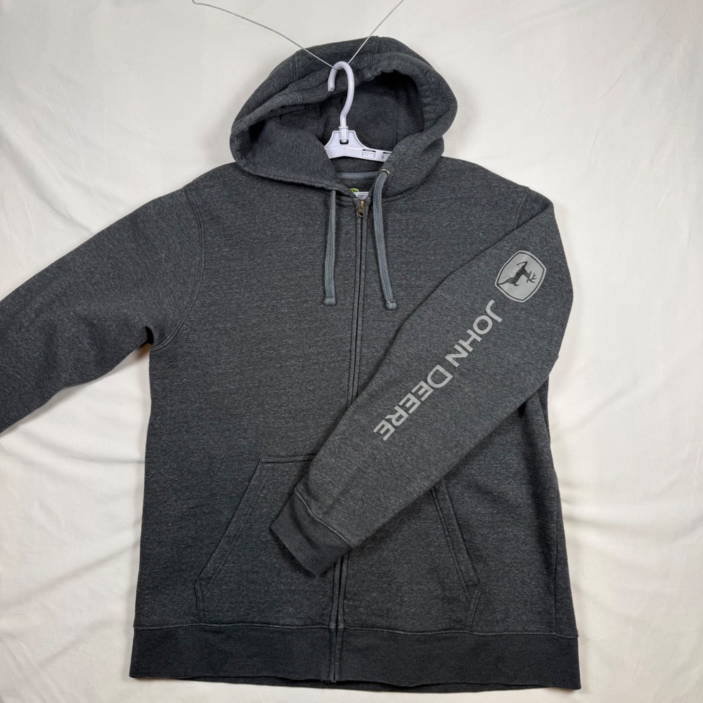 John Deere Mens Full Zip Hoodie Charcoal Gray Sleeve Graphic Logo Size Large